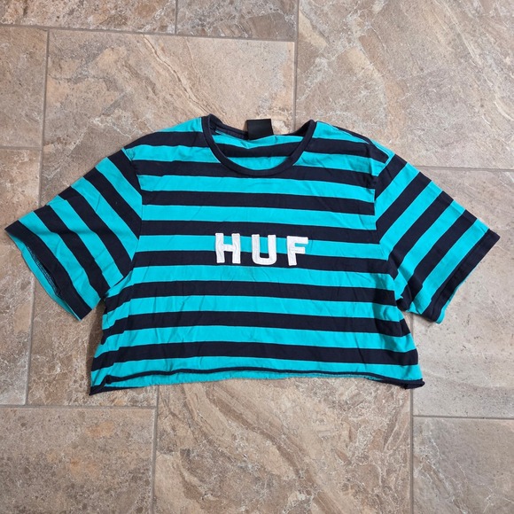 HUF Tops - HUF Womens Striped Cropped T Shirt Teal Black Logo XL Raw Edge